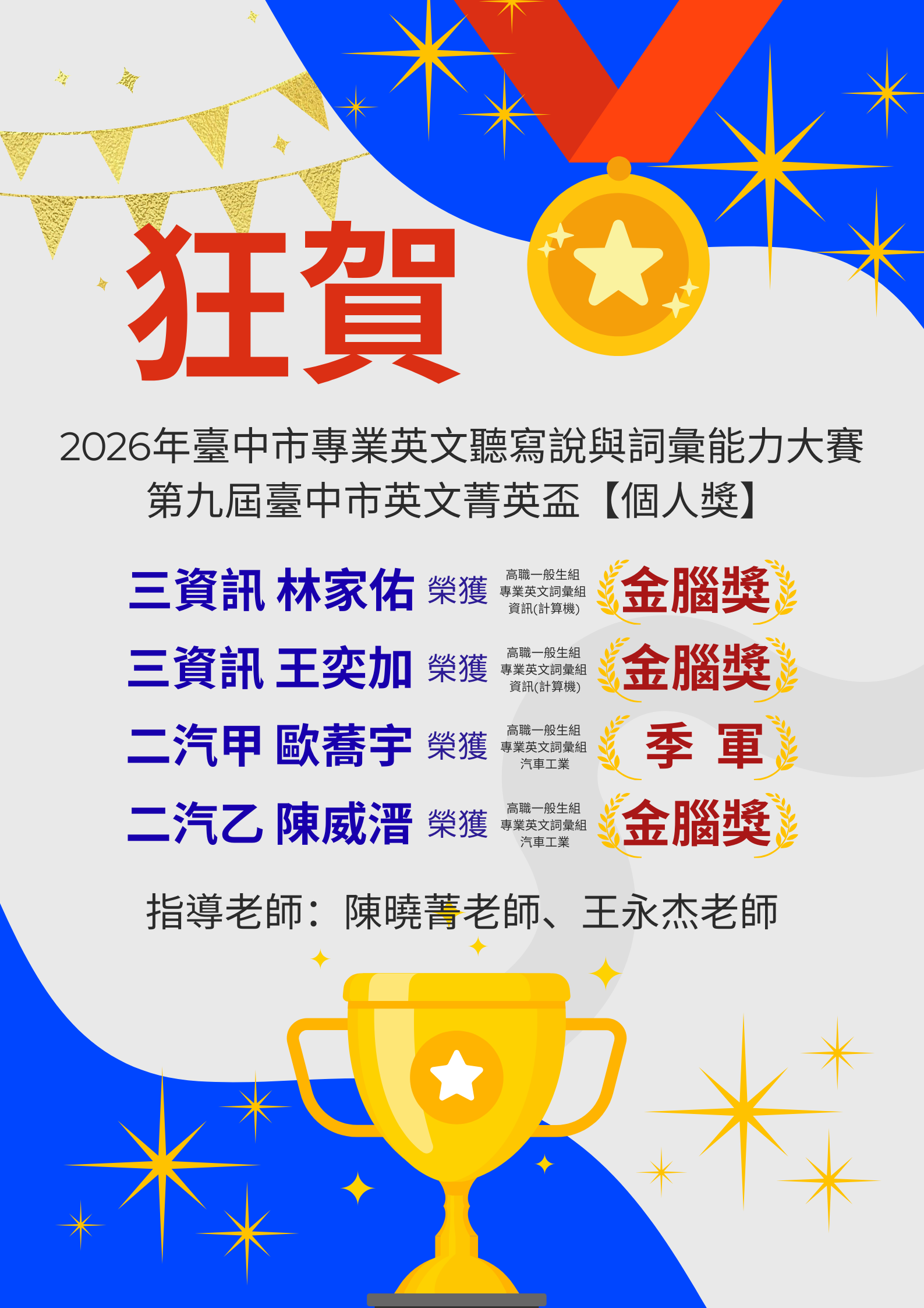 2026年臺中市專業英文聽寫說與詞彙能力大賽第九屆臺中市英文菁英盃個人獎