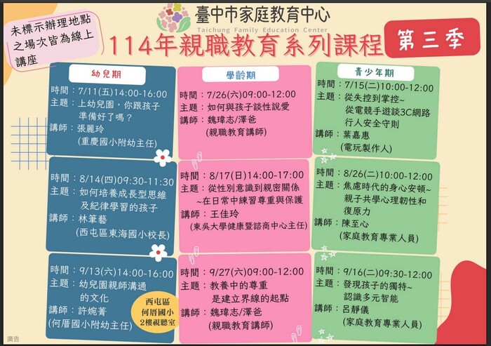 台中市家庭教育中心辦理親職教育課程第三季海報圖片